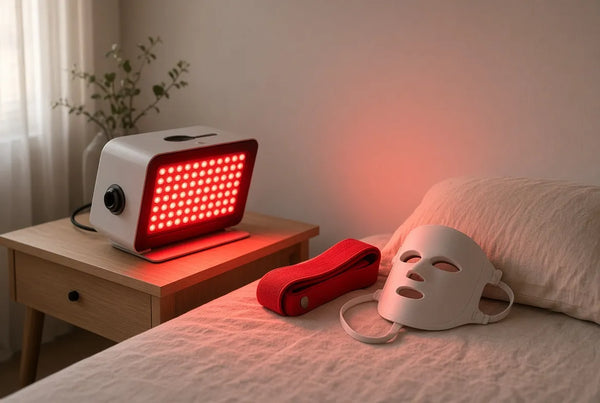 Red light therapy panel, cordless belt and silicone LED face mask arranged on a side table in a softly lit bedroom, showing home red light therapy device options.