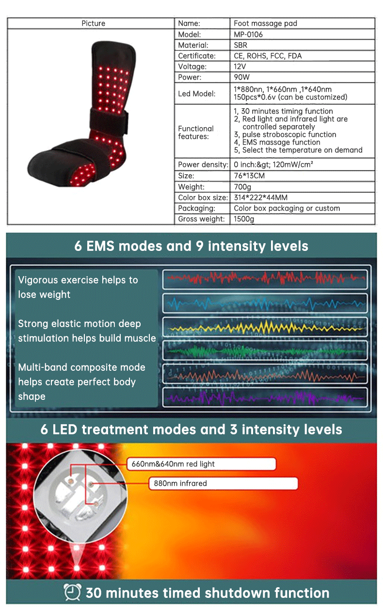 Foot Red Light Therapy Pad — 150 LEDs, 640/660/880nm, Pulse & EMS