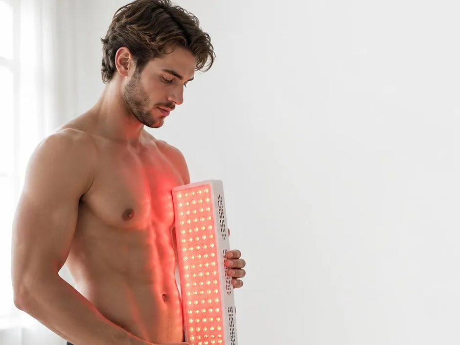 Person using red light therapy device at home