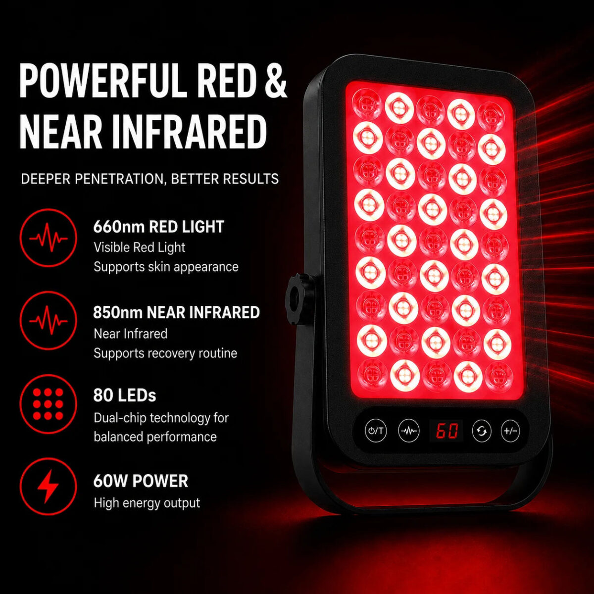 Red Light Therapy Panel | 60W 740 LEDs 660nm 850nm