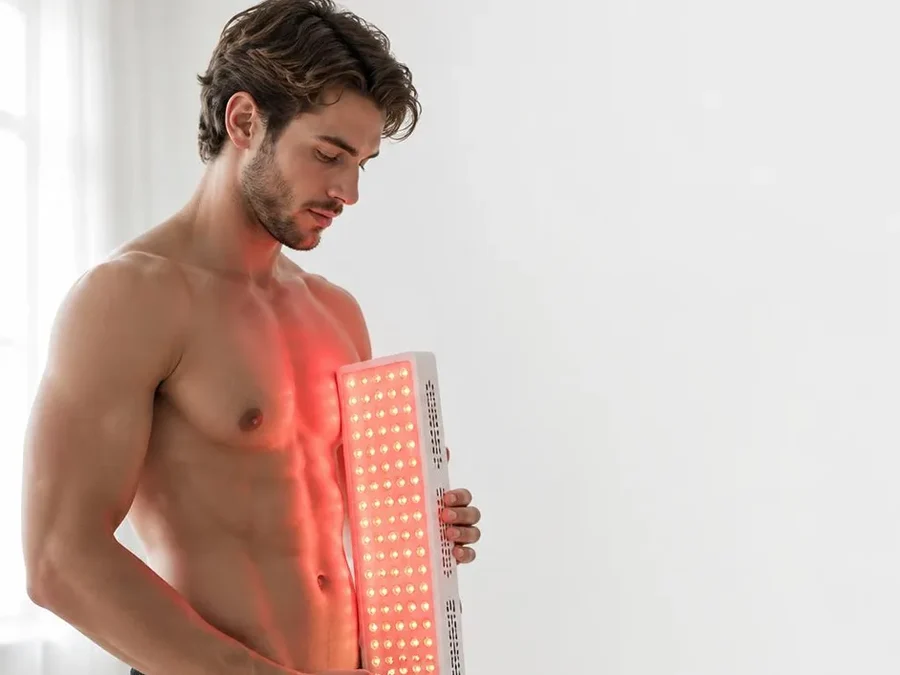 Person using red light therapy device at home